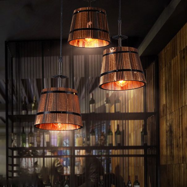 Distressed Wood Pail Pendant Light Fixture Vintage Wood Restaurant Hanging Light