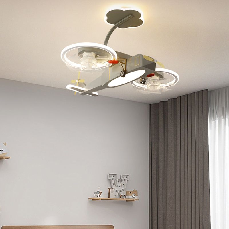 Kids LED Ceiling Fan Lamp Airplane Metal Fan Lighting in Grey for Bedroom