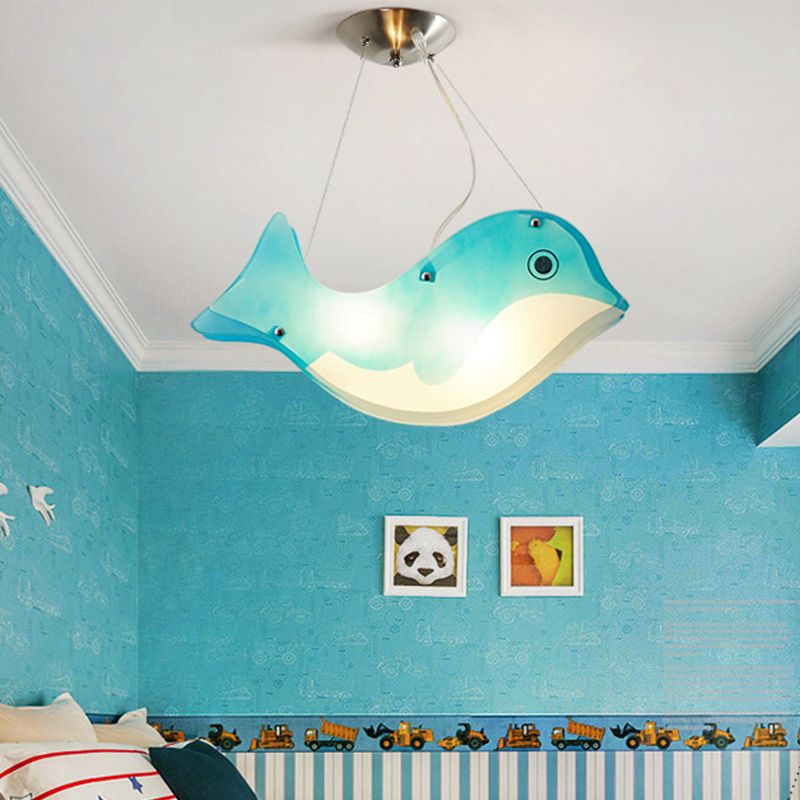 Modern Fish Hanging Light Metal Two Lights Blue Ceiling Pendant for Girls Bedroom