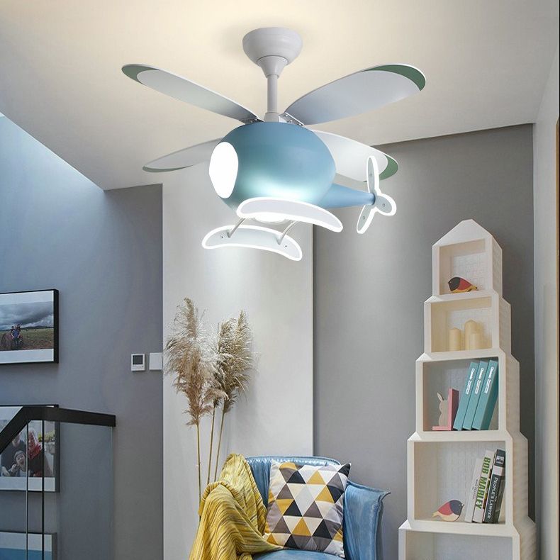 Kids Unique LED Indoor Hanging Lamp Lacquered Iron Airplane Fan Pendant Light with Acrylic Shade