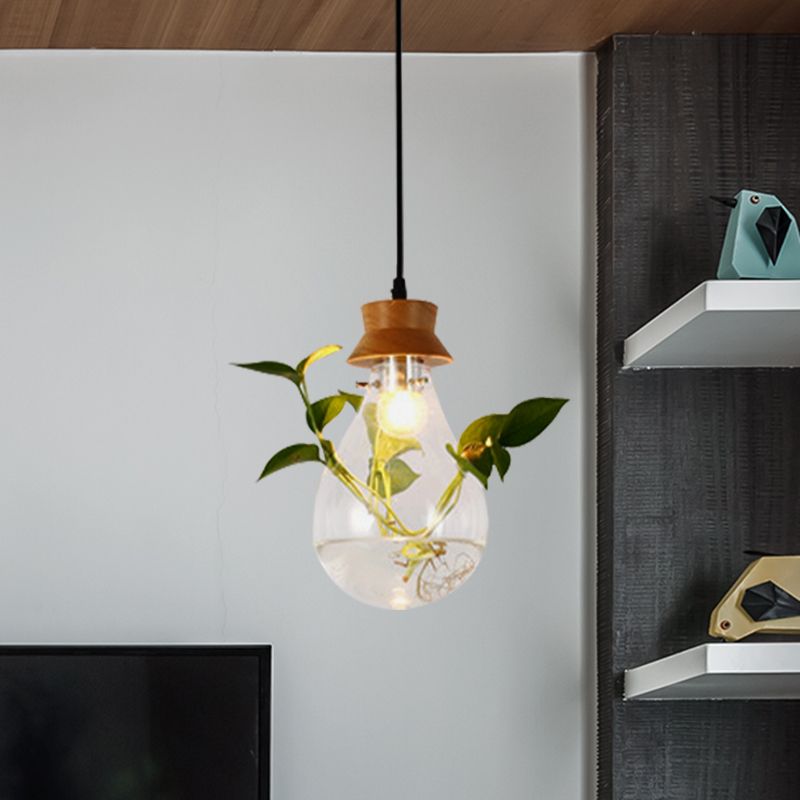 Wooden Black Plant Hanging Lamp Bulb Shaped 1 Light Vintage LED Suspension Pendant for Restaurant