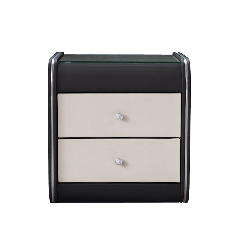 2 Drawers Contemporary Nightstand Glass Top Night Table ,19" Tall