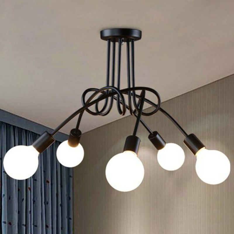 Metal Knot Chandelier Industrial Living Room Suspension Lamp with Bare Bulb Design in Black