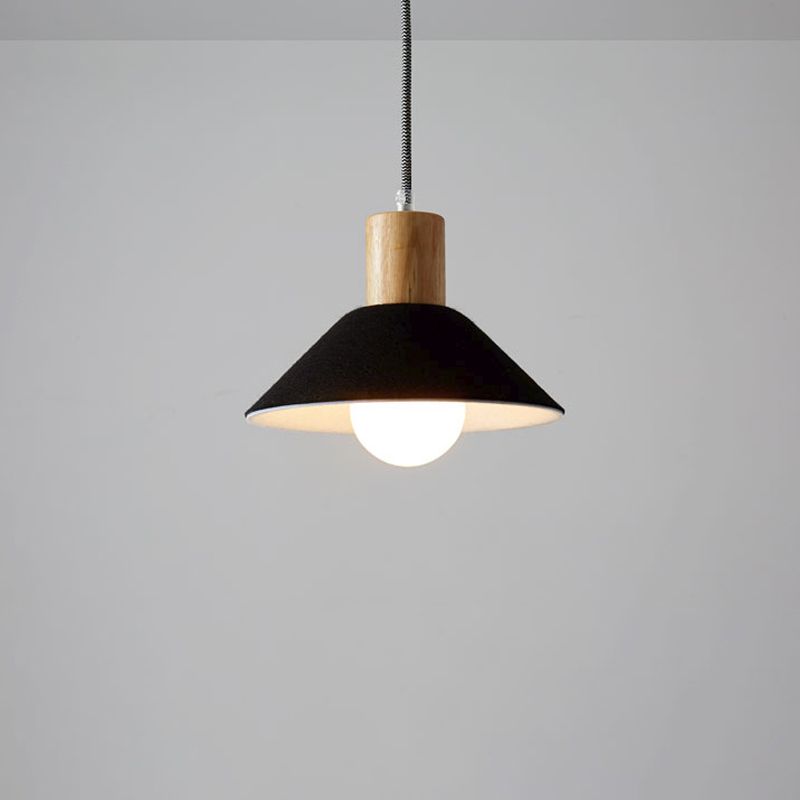 Felt Black/Grey Hanging Light Fixture Conical 1 Head Warehouse Pendant with Wooden Cap for Dining Room