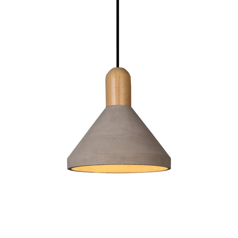 Conical Cement Ceiling Light Antiqued 1 Bulb Restaurant Hanging Pendant Lamp in Grey and Black/Red/Wood
