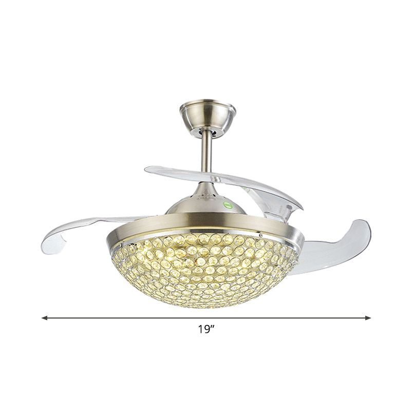 Modernisme 19 "brede LED Semi Flush Light Silver Bowl 4 Blades Hangdwist Fan Lamp armatuur met kristal ingebedde schaduw