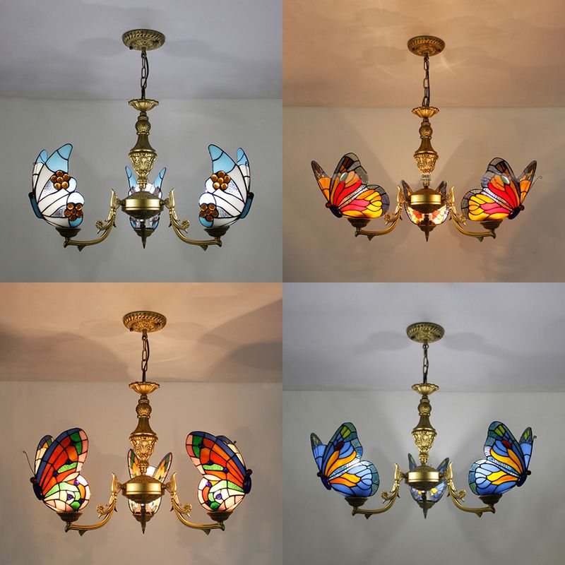 3 Lights Butterfly Hanging Light Loft Style Stained Glass Ceiling Chandelier with Chain in White/Red/Blue/Orange-Green