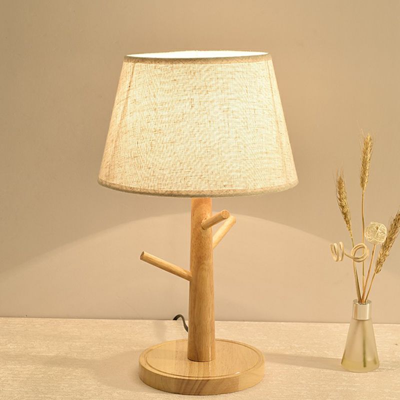 Fabric Shaded Nightstand Lamp Nordic 1-Light White Table Light with Wood Pedestal for Bedroom