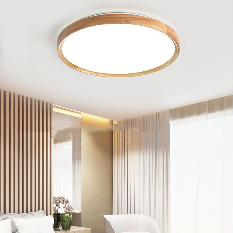 Round Wooden Ceiling Mount Light LED Ceiling Light with Acrylic Shade for Bedroom