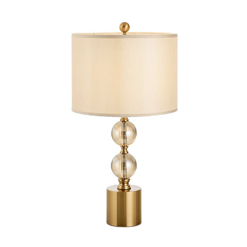 1 Head Night Lamp Classic Bedroom Crystal Nightstand Light with Round Fabric Shade in Brass