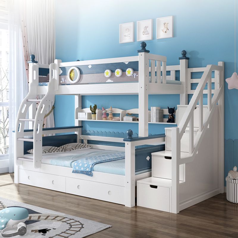 Contemporary Solid Wood Blue Dollhouse Storage with Guardrail Kids Bed