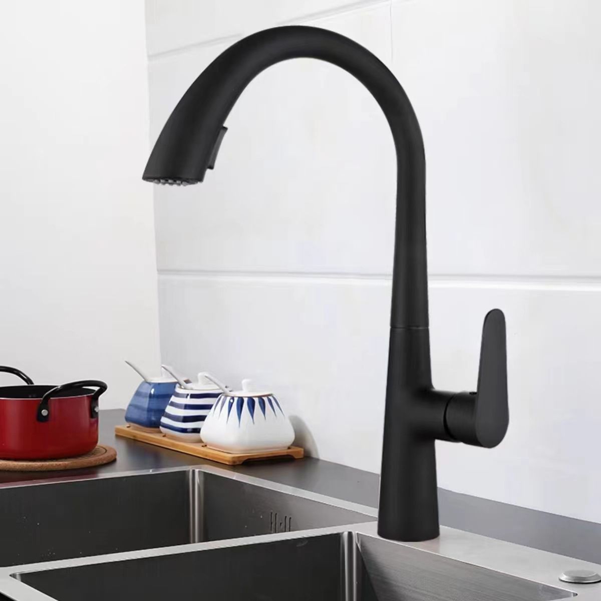 Modern Bar Faucet Brass with Pull out Sprayer Swivel Spout Bar Prep Kitchen Faucet