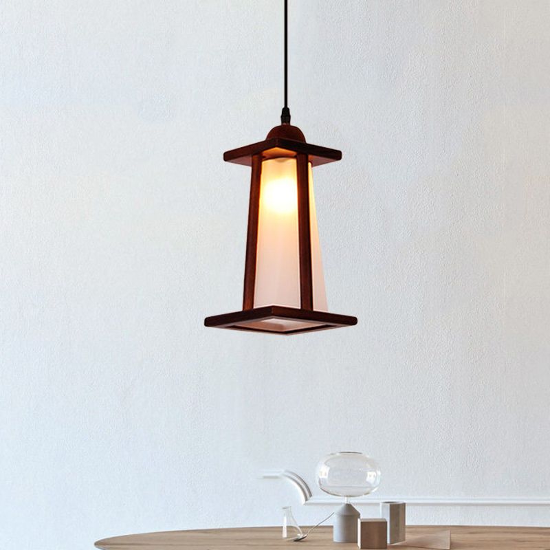 Brown Trapezoid Hanging Pendant Light Vintage White Glass 1-Light Kitchen Suspension Lamp with Wood Frame