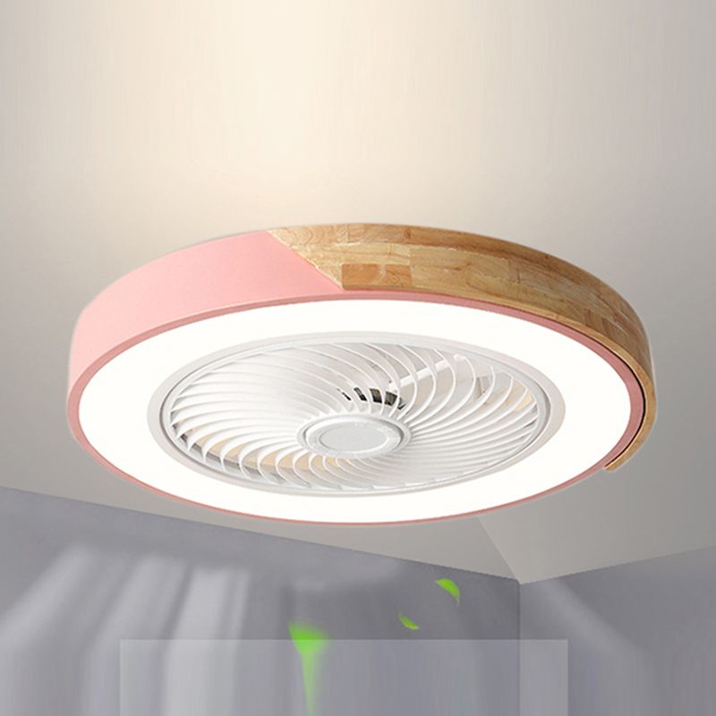 Macaron Round LED Fan Lamp with Invisible Blades Bedroom Solid Wood Semi Flush Light