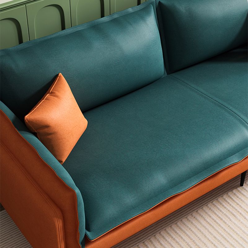 Square Arm Contemporary Faux Leather Sofa Couch in Green and Orange