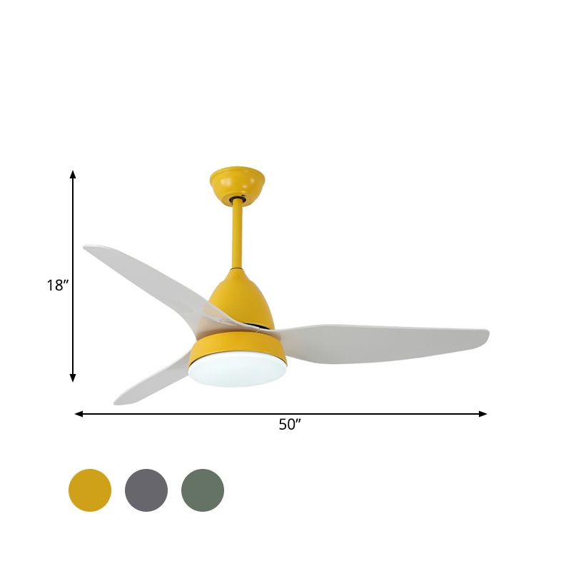 Modern 50" W LED Ceiling Fan Lighting with Acrylic Shade Grey/Yellow/Green Cone Semi Flush Lamp over Dining Table, 3 White Blades