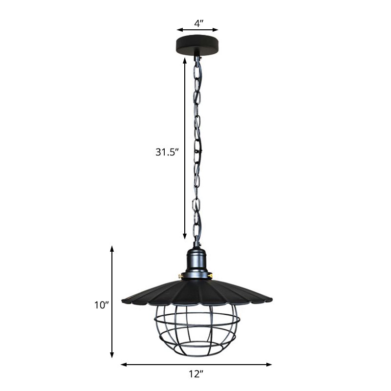 Black 1 Light Pendant Lighting Industrial Metal Scalloped Hanging Lamp for Indoor with Cage