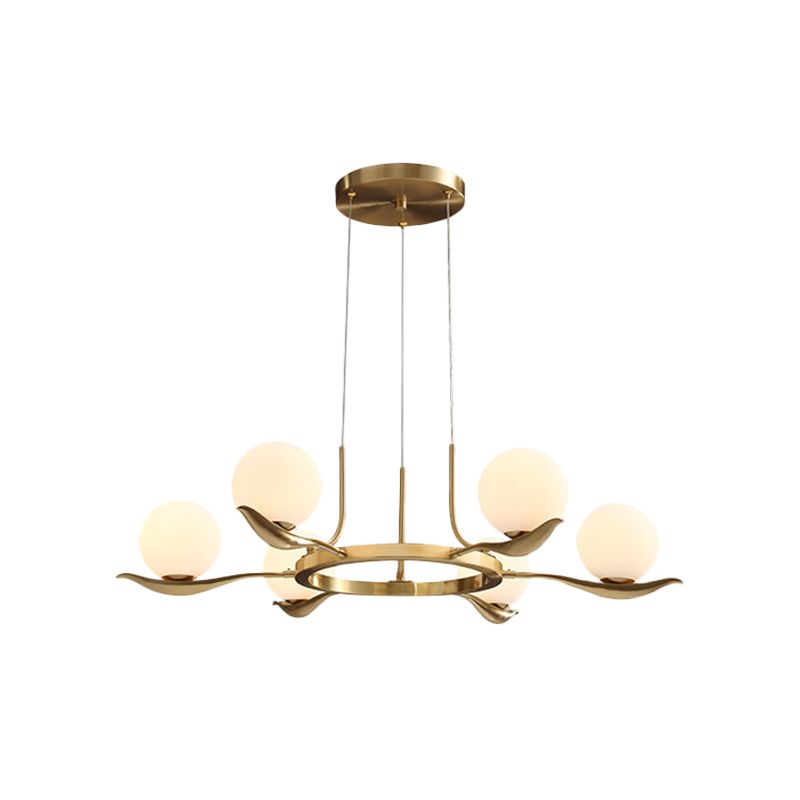 Frosted White Glass Ball Ceiling Chandelier Modern 6 Heads Suspended Lighting Fixture in Brass