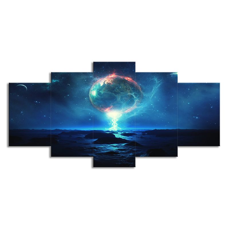 Blue Fictional Canvas Wall Art Earth and Starry Night Sky Wall Decor for Bedroom