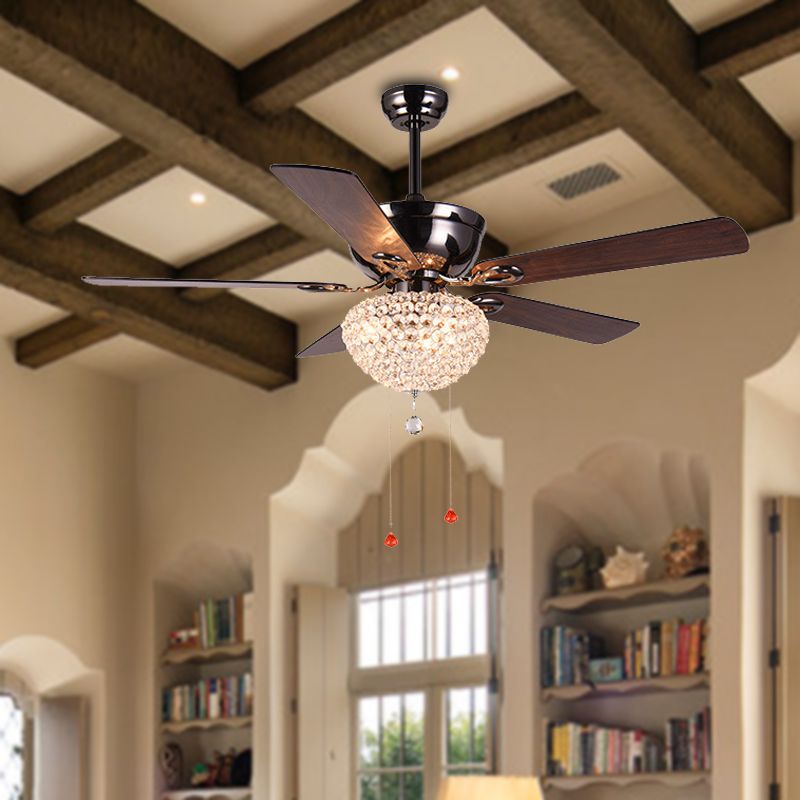 5 Blades Crystal Dome Semi Flushmount Vintage Dining Room LED Ceiling Fan Light in Dark Brown with Pull Chain, 52" Wide