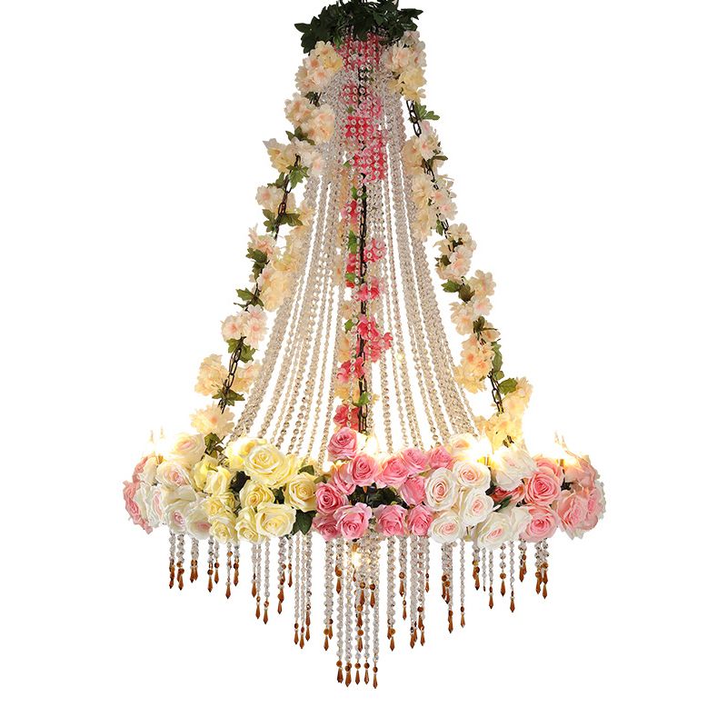 White 10 Heads Hanging Chandelier Industrial Crystal Raindrop Ceiling Lamp with Flower Decoration