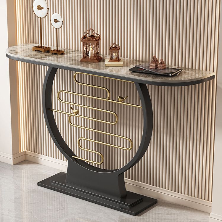 Black Pedestal Base Console Table with Half Moon Stone Top Accent Table