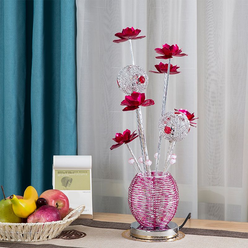 Pink/Red LED Rose Table Light Decorative Aluminum Spherical Decorative Nightstand Lamp for Bedroom