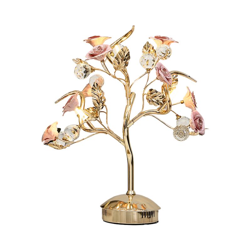 Ceramic Flowering Tree Table Lamp Romantic Pastoral 3-Head Dining Room Nightstand Light in Green/White/Red