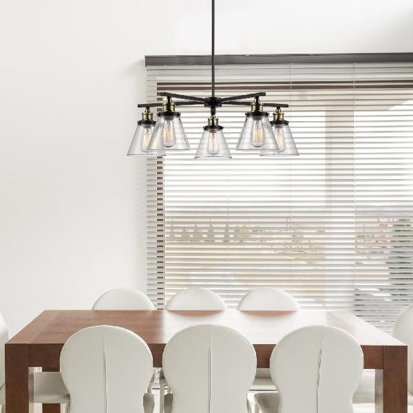 Cone Shade Clear Glass Light Chandelier Vintage 5-Light Dining Room Pendant Lighting in Black