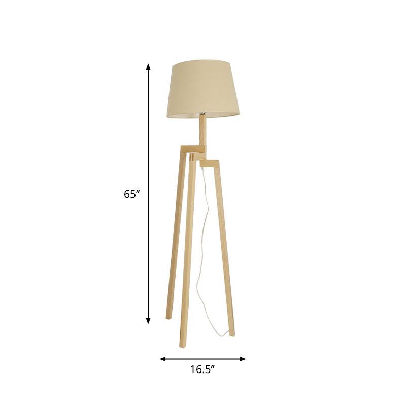 Novelty Simple Style Single Floor Lamp Wood Tapered Tripod Floor Light with Fabric Shade