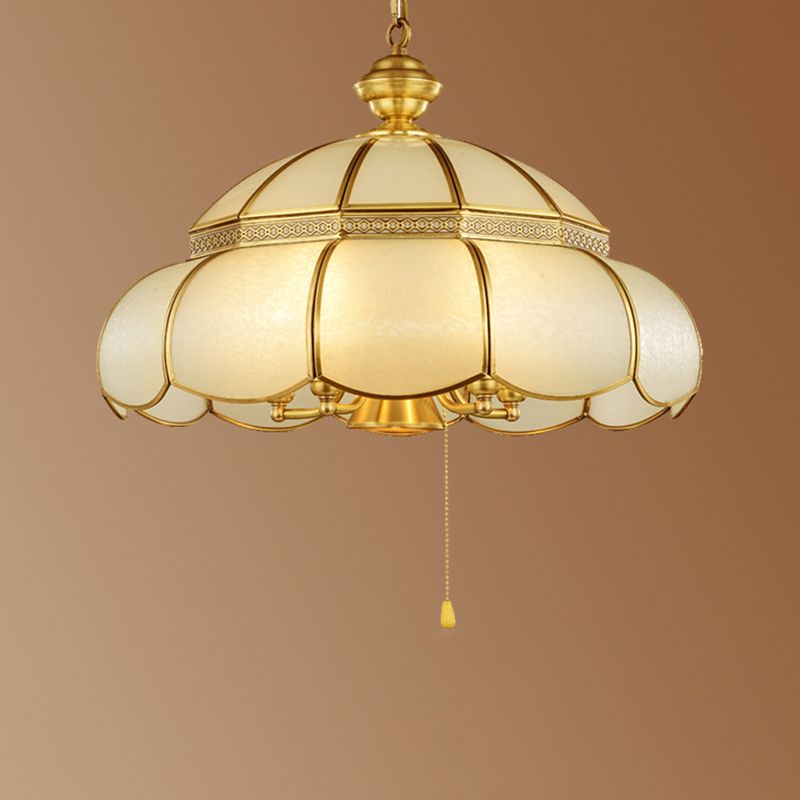 6 Bulbs Cream Glass Suspension Light Traditional Gold Scalloped Corridor Chandelier Light with Pull Chain