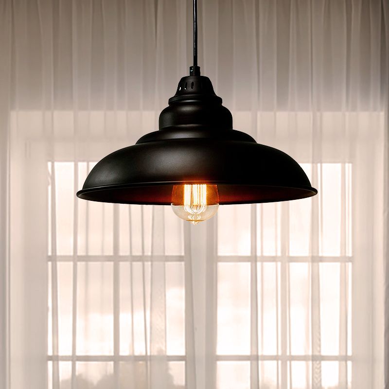 1 Light Dining Room Suspension Light Industrial Style Black Hanging Lighting with Bowl Metallic Shade