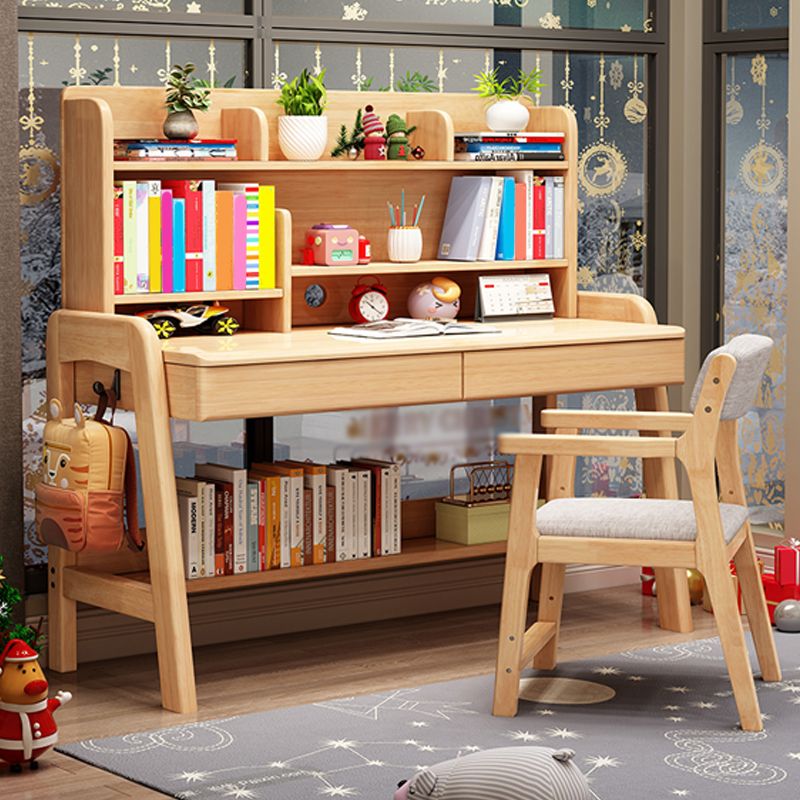 Solid Wood Study Desk with Bookshelf with Storage Drawer Home Multifunctional Lifting