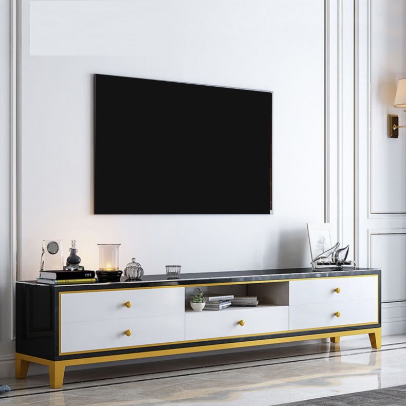 Glass TV Media Stand Open Storage Media Console with 5 Drawers