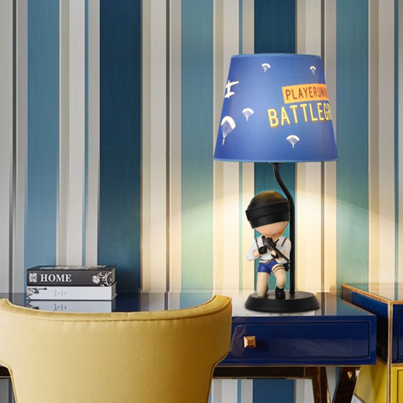 Barrel Night Light Kids Fabric 1 Head Blue Table Lamp for Bedroom with Squatting/Standing Soldier Decoration