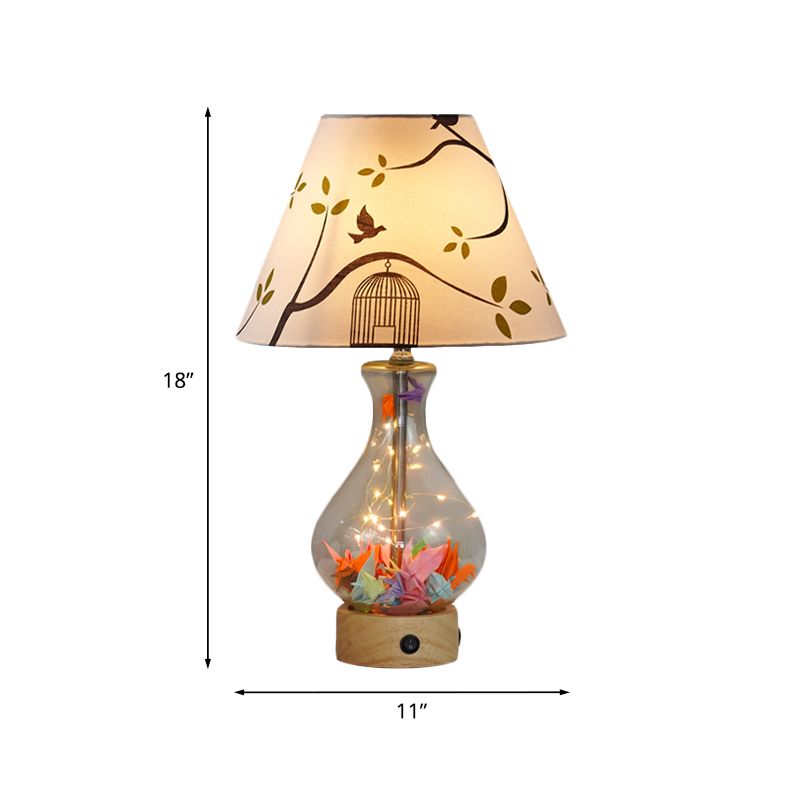 Clear Glass Urn/Diamond Night Lamp Contemporary 1-Bulb Bedroom Table Light with Cone Printing Fabric Shade