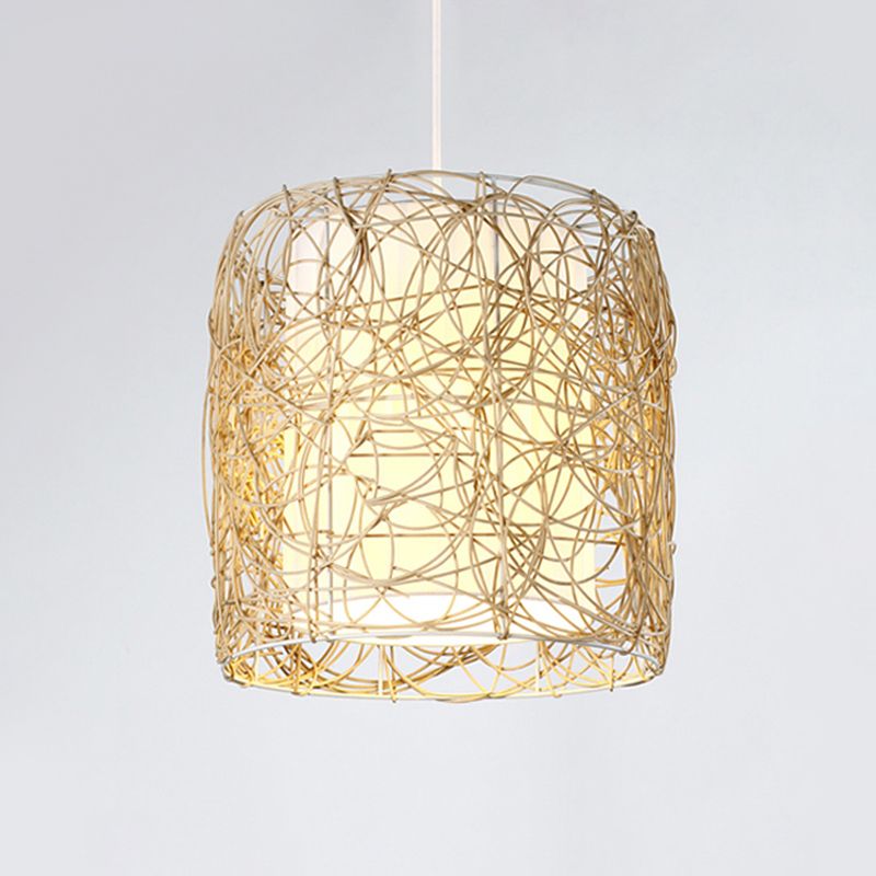 Woven Rattan Cylinder Pendant Lamp Rustic Single Head Hanging Light with Fabric Interior Shade