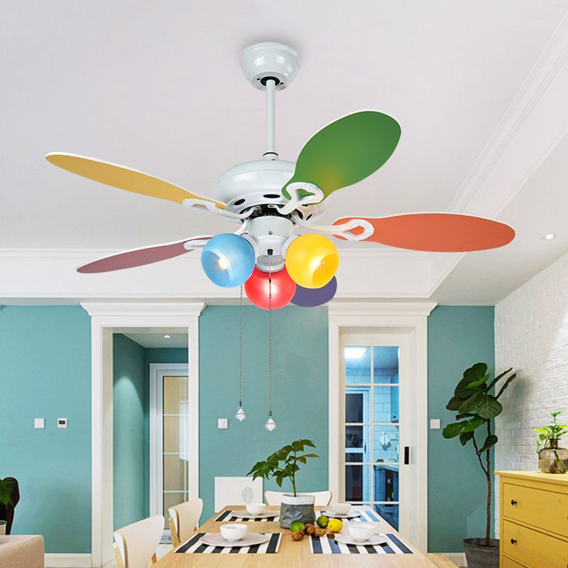 Globe Ceiling Fan Lighting Kids Style Blue-Red-Yellow Glass 3 Lights 42" W White Semi Flush Mount Lamp with 5 Multi-Color Blades