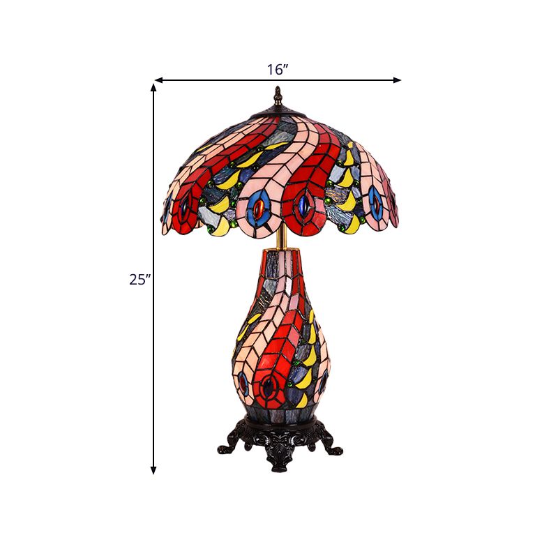 Scalloped Dome Cut Glass Table Lamp Tiffany 2-Light Red Night Light with Peacock Pattern