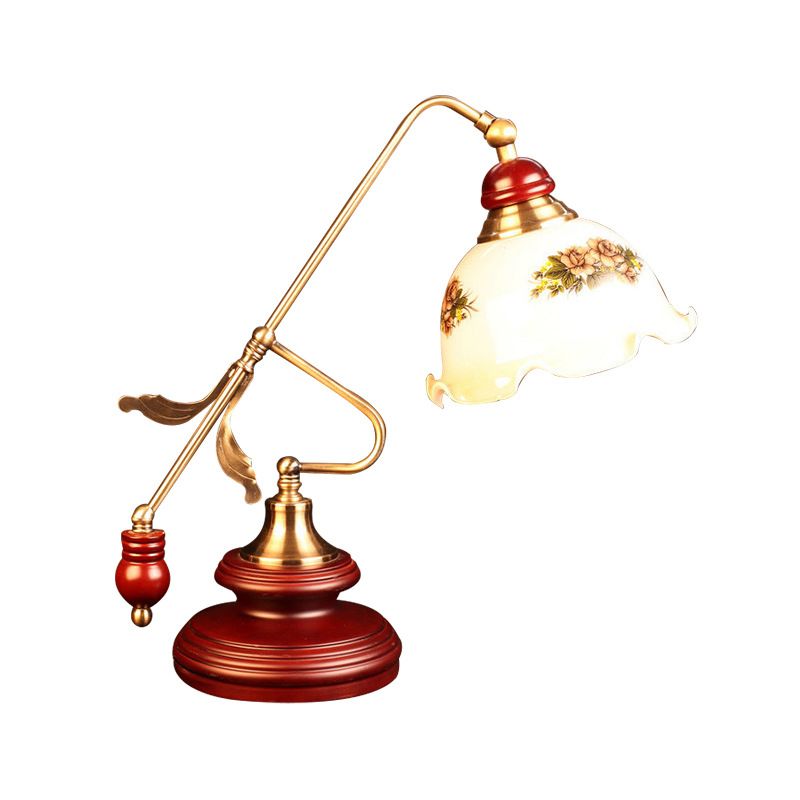 Retro Ruffled Bowl Table Light 1 Head White Glass Night Lamp with Gold-Red Brown Lever Arm