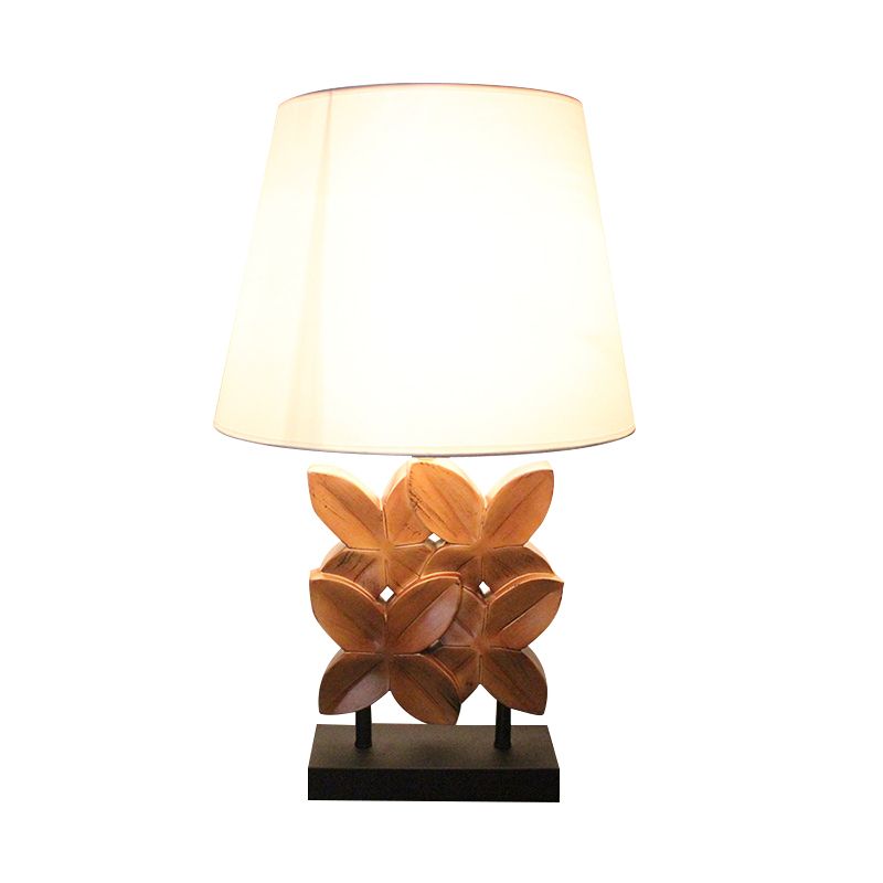 Empire Shade Table Lighting Retro Fabric 1 Bulb White Night Stand Lamp with Wood Carved Leaf Base