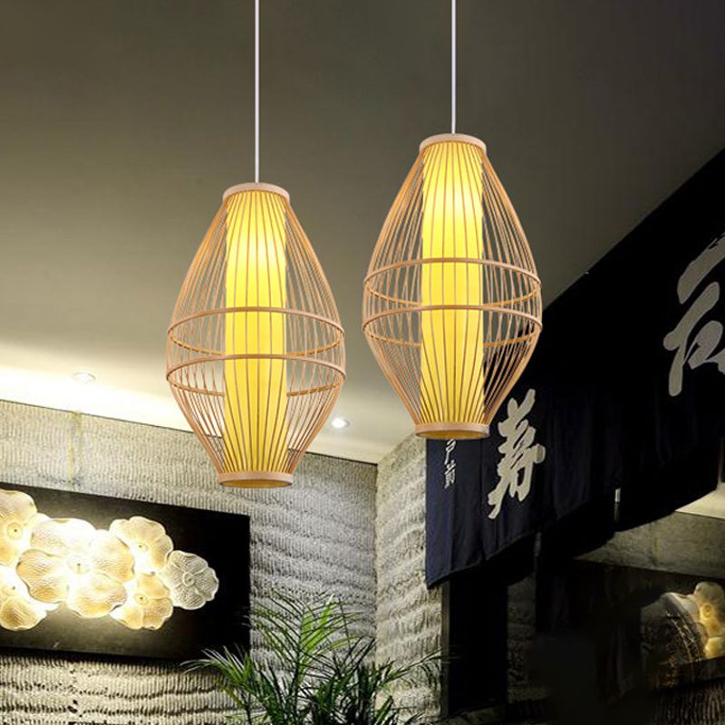 Beige Hand-Woven Hanging Light with Oval Shade Asian Style 1-Light Bamboo Pendant Lamp