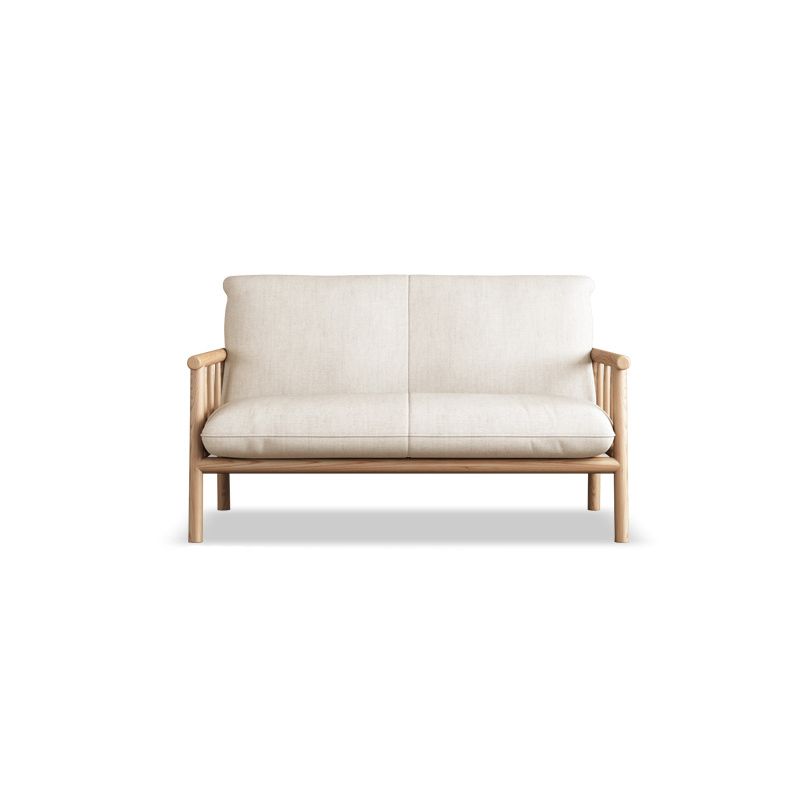 Linen Beige Upholstered Sofa Square Arm Settee with Wooden Legs for Apartment