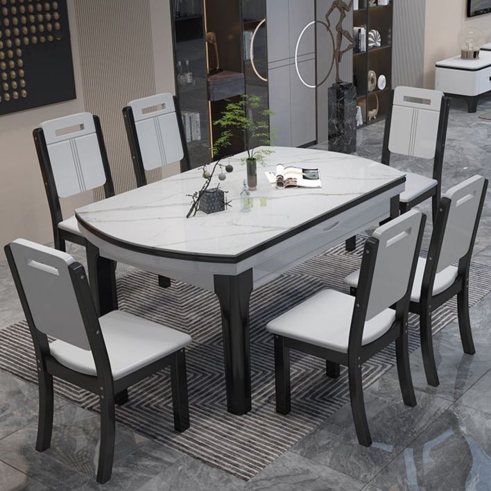 7 Pieces Dining Set with Stone Top Table and White Wooden Chairs