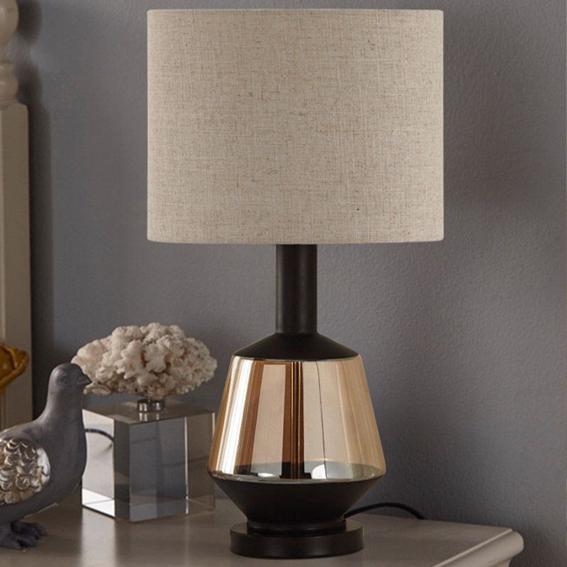 Cylinder Bedroom Nightstand Light Country Fabric 1-Bulb White/Beige Night Lamp with Urn Amber Glass Base