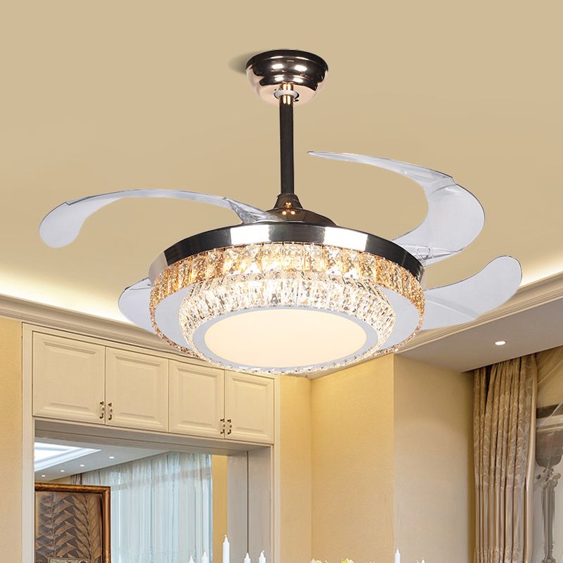 42" Wide LED Semi Flush Contemporary Round Rectangular-Cut Crystals 4 Blades Pendant Fan Lamp in Silver