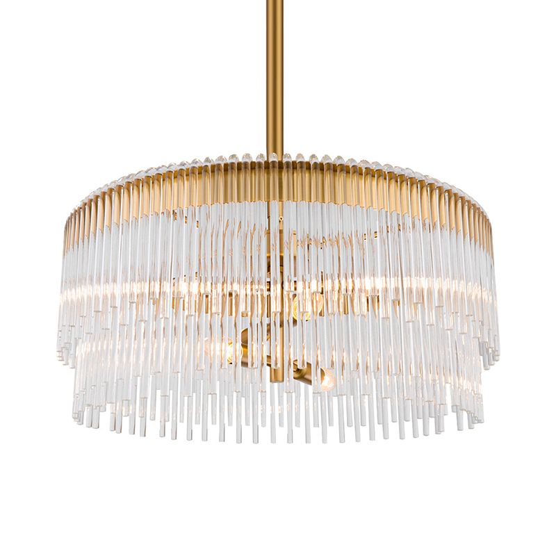 Clear Crystal Pipe Hanging Chandelier Contemporary 6 Lights Ceiling Pendant Light in Brass Finish for Living Room