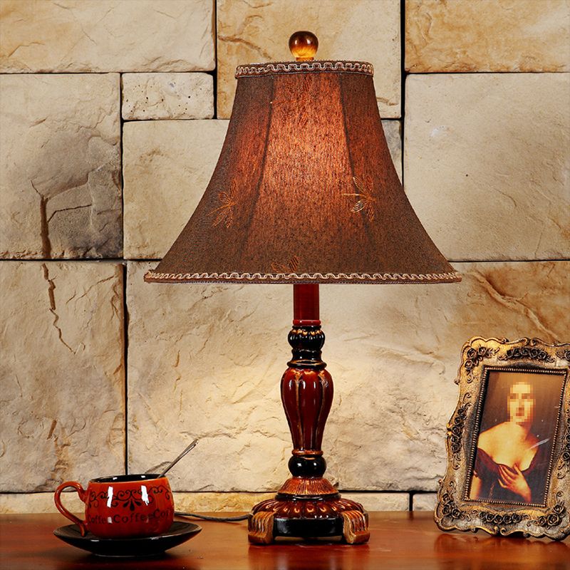 Red Brown 1-Bulb Desk Light Rural Style Fabric Bell Shade Table Lamp with Dragonfly Pattern