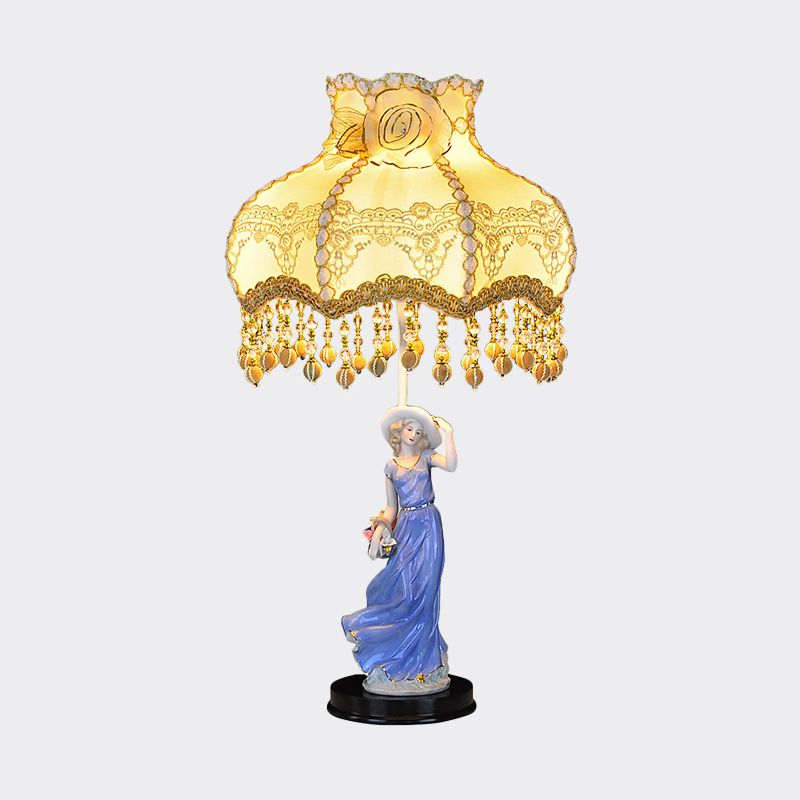 Ceramic Woman Night Light Pastoral 1 Bulb Beige Table Lamp with Scalloped Fabric Shade