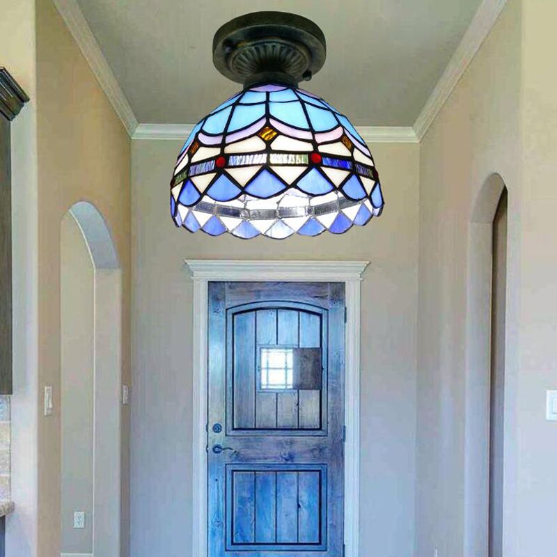 Single Semi Flush Tiffany Style Bowl Shade Stained Art Glass Flush Ceiling Light Fixture